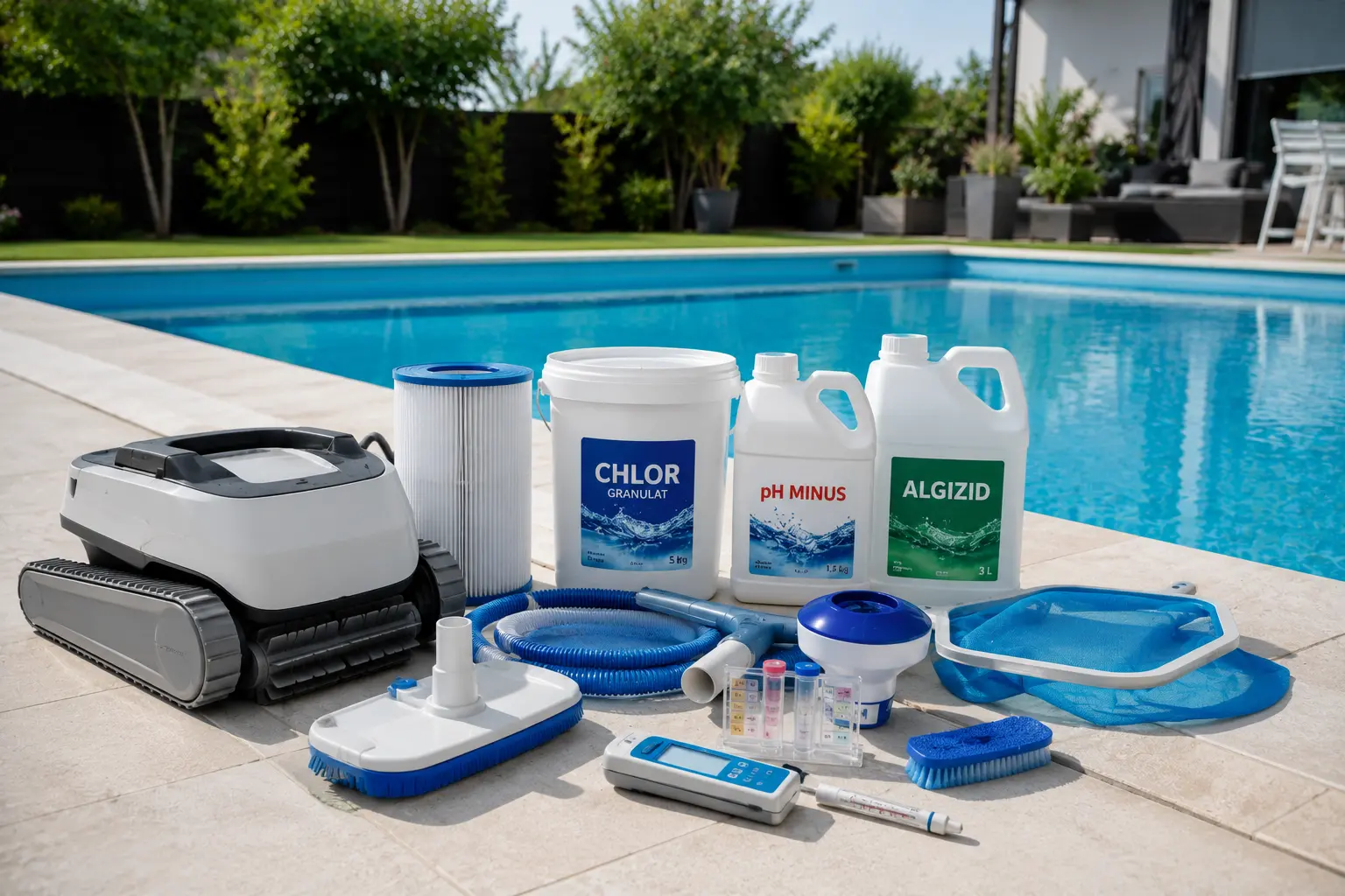 Leistungen der pool.form GmbH in Vorarlberg: Angebot von Zubehör von Poolanlagen wie Chlor oder Algizid